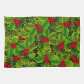 フェスティバルクリスマスグリーンホリー葉ズレッドベリー キッチンタオル (横)