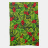 フェスティバルクリスマスグリーンホリー葉ズレッドベリー キッチンタオル (縦)