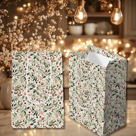 フェスティバルクリスマスグリーンリーレッドベリー ミディアムペーパーバッグ