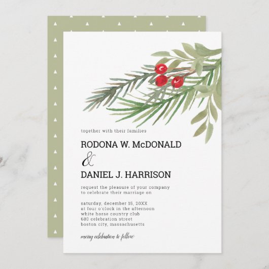 フェスティバルクリスマスグリーン結婚リー 招待状 (正面/裏面)