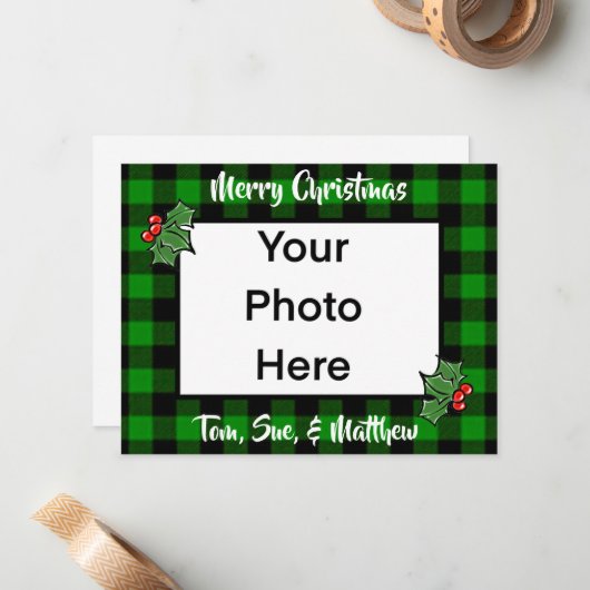 フェスティバルクリスマスグリーン黒い格子模様のホリ離れー ノートカード (正面/裏面インサイチュ)