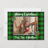 フェスティバルクリスマスグリーン黒い格子模様のホリ離れー ノートカード (正面)
