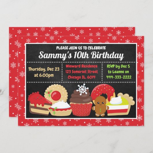 フェスティバルクリスマスケーキとクッキー誕生日 招待状 (正面/裏面)