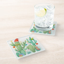 フェスティバルクリスマスサボテンとサンタハット&オーナメント ガラスコースター