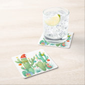 フェスティバルクリスマスサボテンとサンタハット&オーナメント スクエアペーパーコースター (インサイチュ)