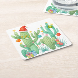 フェスティバルクリスマスサボテンとサンタハット&オーナメント スクエアペーパーコースター