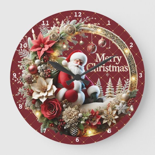 フェスティバルクリスマスサンタクロースエレガントとフローラ ラージ壁時計 (正面)