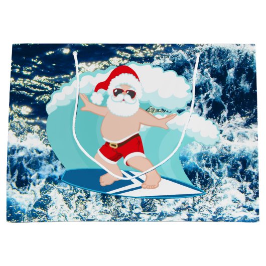 フェスティバルクリスマスサーフィンサンタホリデーラージギフト ラージペーパーバッグ (正面)