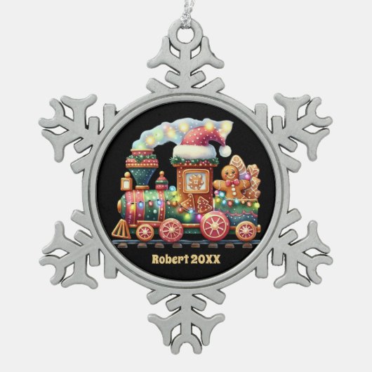 フェスティバルクリスマスジンジャーブレッド列車の名前の日付を追加 スノーフレークピューターオーナメント (正面)