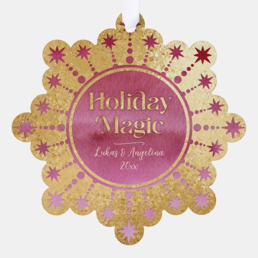 フェスティバルクリスマススター：赤と金ゴールドの写真 オーナメントカード (裏面)