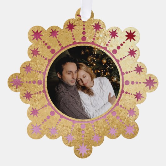 フェスティバルクリスマススター：赤と金ゴールドの写真 オーナメントカード (正面)