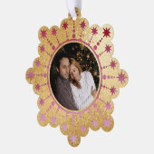 フェスティバルクリスマススター：赤と金ゴールドの写真 オーナメントカード (左)