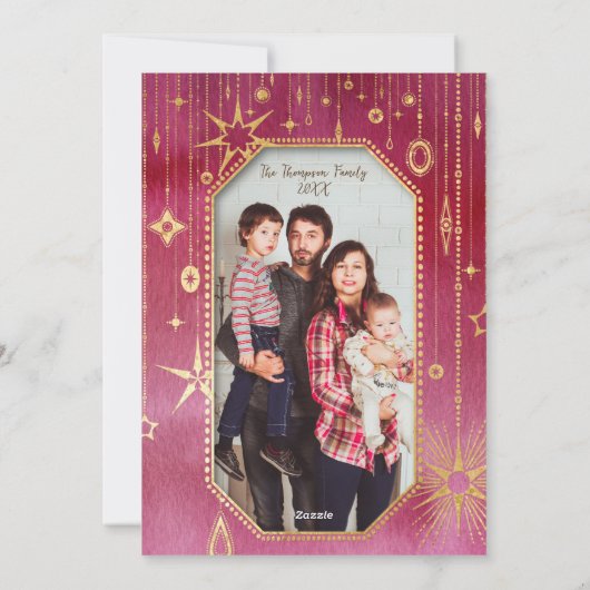 フェスティバルクリスマススター：赤と金ゴールドの写真 シーズンカード (裏面)