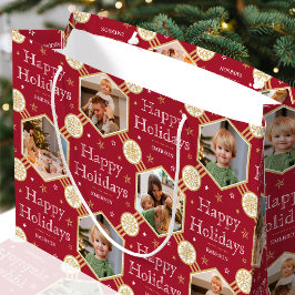 フェスティバルクリスマススノーフレークフォトクラシック深いレッド ラージペーパーバッグ