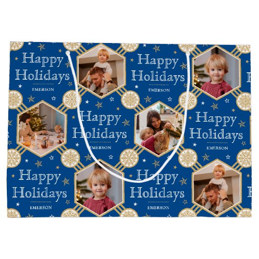 フェスティバルクリスマススノーフレーク伝統的フォトブルー ラージペーパーバッグ (裏面)