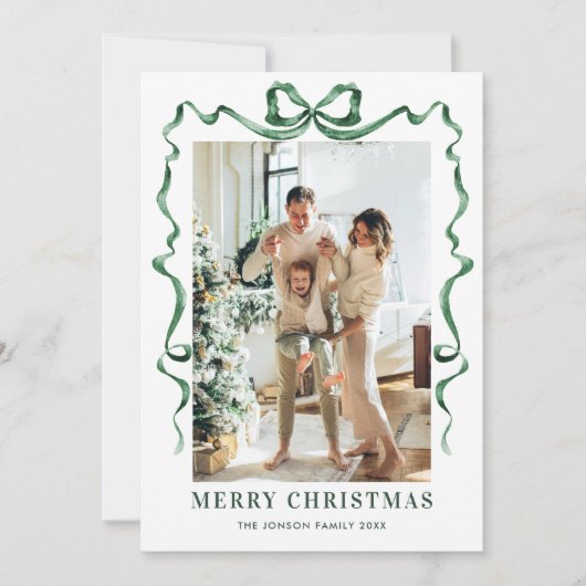 フェスティバルクリスマスセージ緑のリボン2写真 シーズンカード (正面)