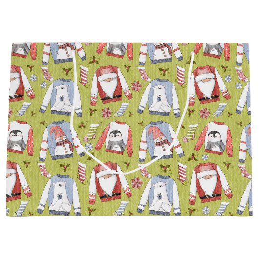 フェスティバルクリスマスセーターとストッキング ラージペーパーバッグ (正面)