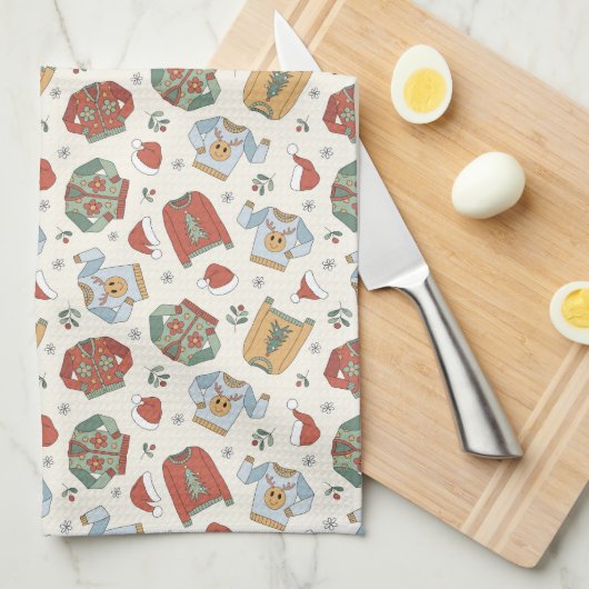 フェスティバルクリスマスセーターと帽子のパターン キッチンタオル (四つ折り)