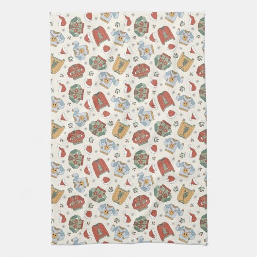 フェスティバルクリスマスセーターと帽子のパターン キッチンタオル (縦)