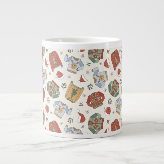 フェスティバルクリスマスセーターと帽子のパターン ジャンボコーヒーマグカップ (正面)