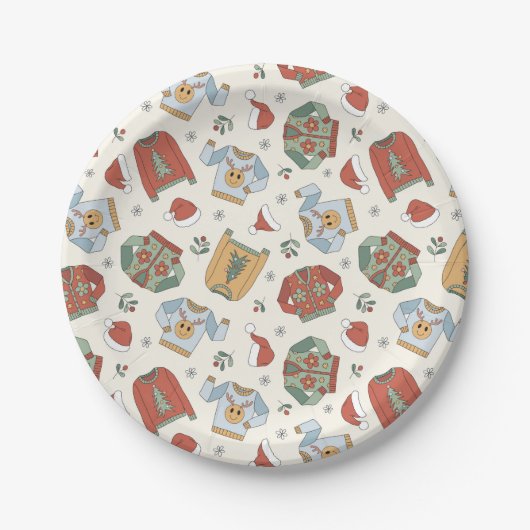 フェスティバルクリスマスセーターと帽子のパターン ペーパープレート (正面)