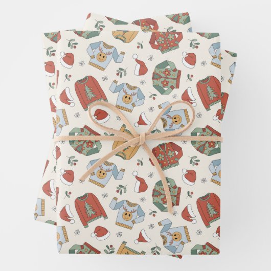フェスティバルクリスマスセーターと帽子のパターン ラッピングペーパーシート (インサイチュ)