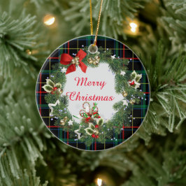 フェスティバルクリスマスタータンチェックとリースと挨拶 セラミックオーナメント