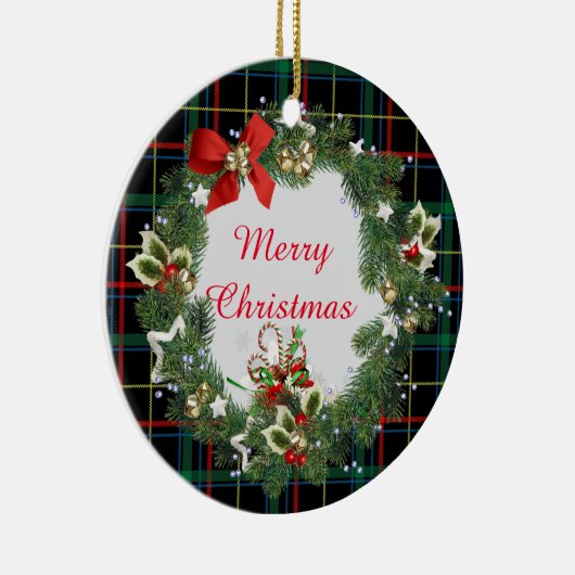 フェスティバルクリスマスタータンチェックとリースと挨拶 セラミックオーナメント (右)