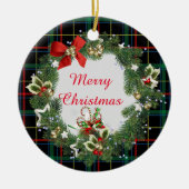 フェスティバルクリスマスタータンチェックとリースと挨拶 セラミックオーナメント (正面)