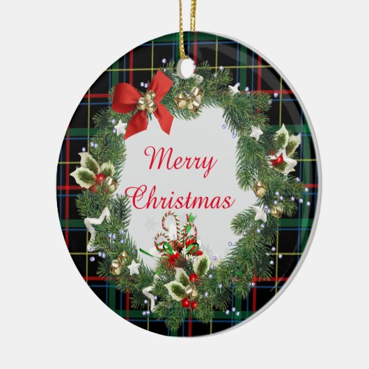 フェスティバルクリスマスタータンチェックとリースと挨拶 セラミックオーナメント (左)