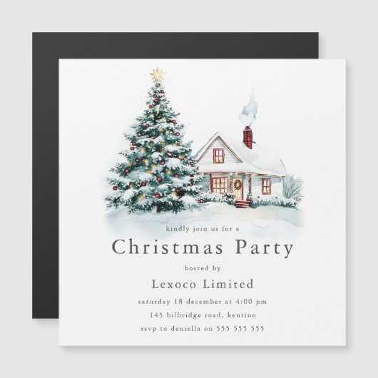フェスティバルクリスマスツリーと雪企業のクリスマスパーティー マグネット招待状 (正面/裏面)