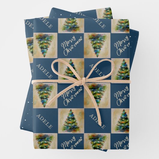 フェスティバルクリスマスツリーウォーターカラーブルーホリデー ラッピングペーパーシート (インサイチュ)