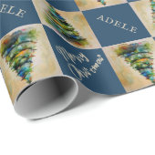 フェスティバルクリスマスツリーウォーターカラーブルーホリデー ラッピングペーパー (ロールコーナー)