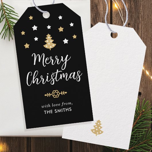 フェスティバルクリスマスツリーカスタムファミリーネームブラック ギフトタグ