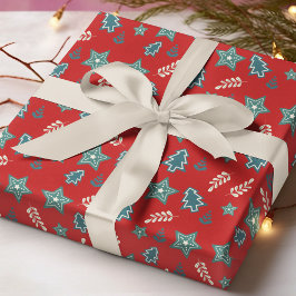 フェスティバルクリスマスツリースターモダンレッドグリーン ラッピングペーパー