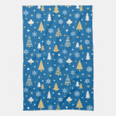フェスティバルクリスマスツリーズスノーフレークスブルー キッチンタオル (縦)