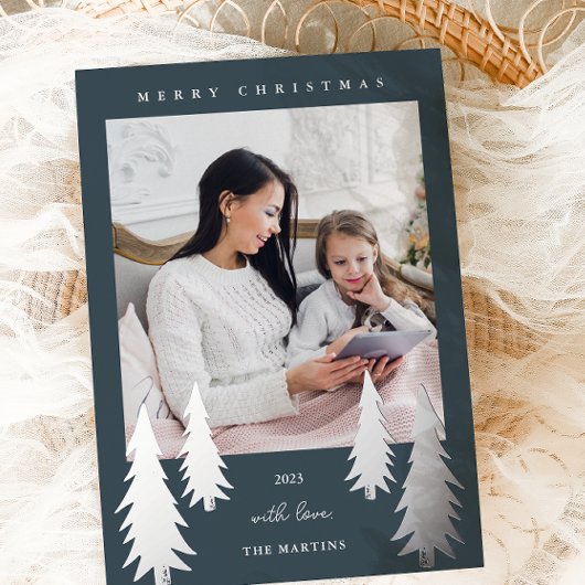 フェスティバルクリスマスツリーズツーフォトブルー 箔シーズンカード