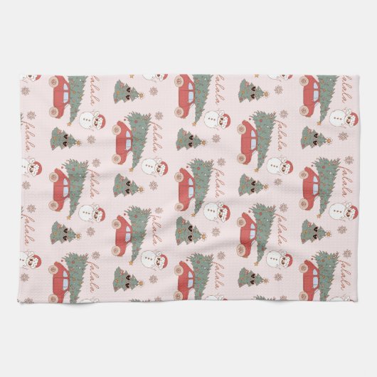 フェスティバルクリスマスツリーピンクヴィンテージレトロバン キッチンタオル (横)
