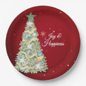 フェスティバルクリスマスツリーレッドバックグランドホリデー ペーパープレート (正面)