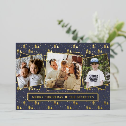 フェスティバルクリスマスツリー3フォトコラージュ実在 箔シーズンカード (立ち正面)