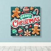 フェスティバルクリスマスデザインとジンジャーブレッドマン キャンバスプリント (インサイチュ (ウッドフロア))