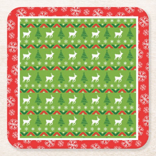 フェスティバルクリスマストナカイと雪片 スクエアペーパーコースター (正面)