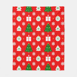 フェスティバルクリスマスパターンと木、雪片 フリースブランケット