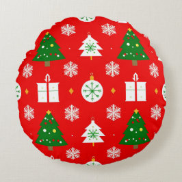 フェスティバルクリスマスパターンと木、雪片 ラウンドクッション