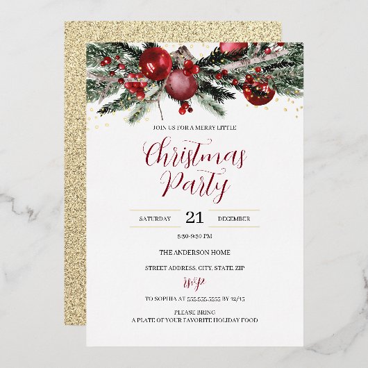 フェスティバルクリスマスパーティーの葉の赤金ゴールド 箔招待状 (正面/裏面)