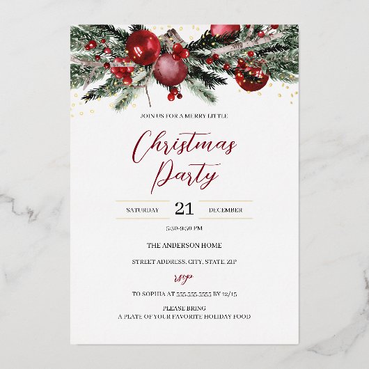 フェスティバルクリスマスパーティーの葉金ゴールド赤 箔招待状 (正面)
