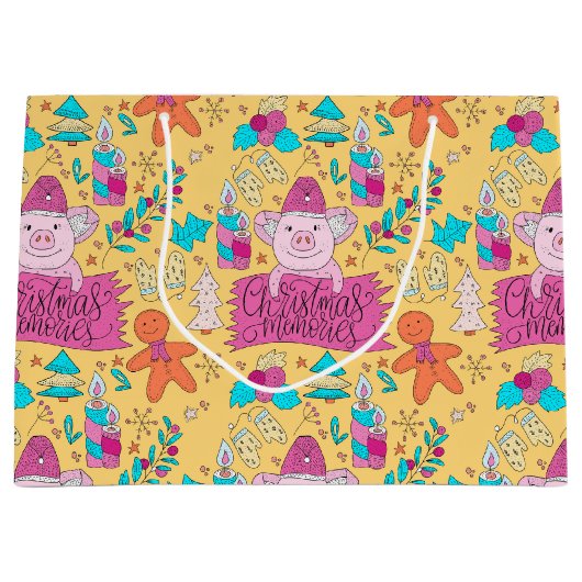 フェスティバルクリスマスピッグズミディアム抱き枕 ラージペーパーバッグ (正面)