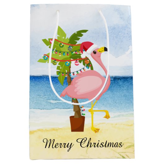 フェスティバルクリスマスピンクのフラミンゴ追加文字 ミディアムペーパーバッグ (正面)