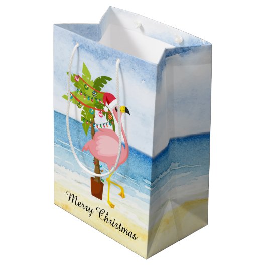 フェスティバルクリスマスピンクのフラミンゴ追加文字 ミディアムペーパーバッグ (裏面アングル)