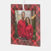 フェスティバルクリスマスファミリーフォトレッドプレイドタータンチェック ガラスオーナメント (正面左)